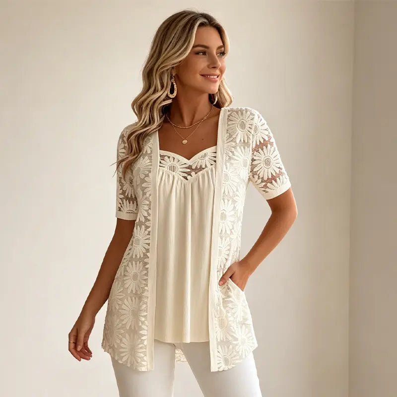 👚 Elegantne bluze z učinkom 2 v 1 s čipko in mrežico – dizajn proti trebuščku za vitko postavo, 5 barv, velikosti S–4XL! 🌸✨