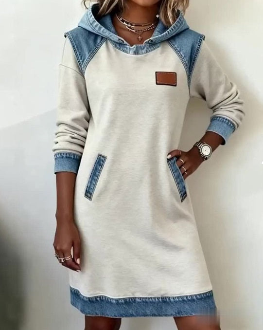 🌷🌞【S–3XL】Zimska jeans patchwork obleka s kapuco · Udobna · Modna za vsak dan