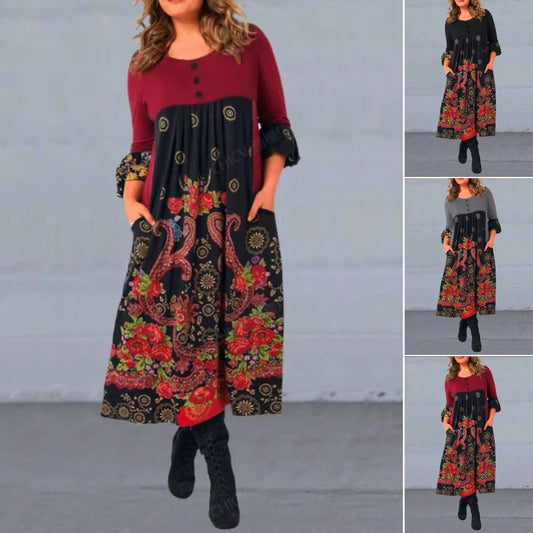 【S-5XL】👗2024 nowa, jesienna i zimowa sukienka na co dzień z długimi rękawami i nadrukiem w stylu retro