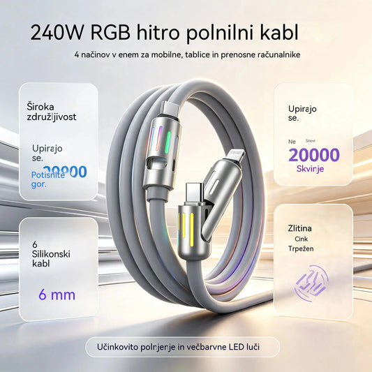 🔥 【2 kosa za 22 evrov】 🔥 (dolžina 2 metra) 4-v-1 kabel PD 240 W – hitro polnjenje USB‑C, Lightning in USB‑A, aluminij in silikon, sinhronizacija podatkov ⚡📱