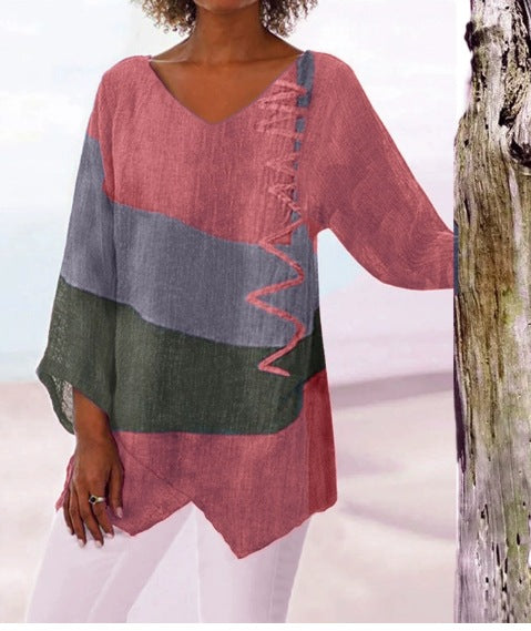 ⏳ Zadnji dan – 50% popust 😍【S~5XL】Ženski eleganten casual top: V-izrez, dolgi rokavi, umetniški vzorec