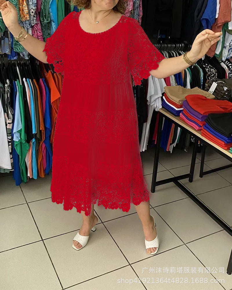 🔥【50% POPUST】✨✨✨【S-5XL】2026Nova obleka s kratkimi rokavi, okroglim izrezom in čipko.