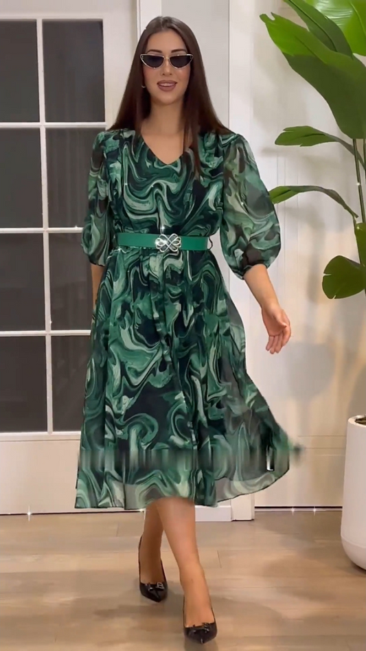 🎁👗Modna i elegancka sukienka z szyfonu z nadrukiem, pasek gratis