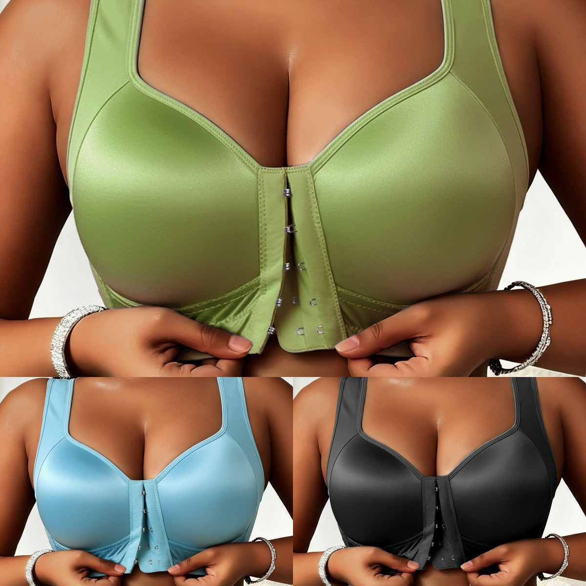 😍👙【3 kosi】【40–100 kg】Modrček z rahlim izrezom, brez žice, z zapenjanjem spredaj in zaščito pred povešanjem