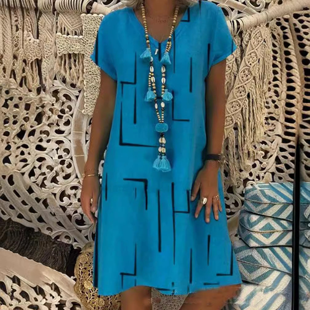 👗【S-5XL】Nové letní bavlněné šaty s výstřihem do V s potiskem 2024