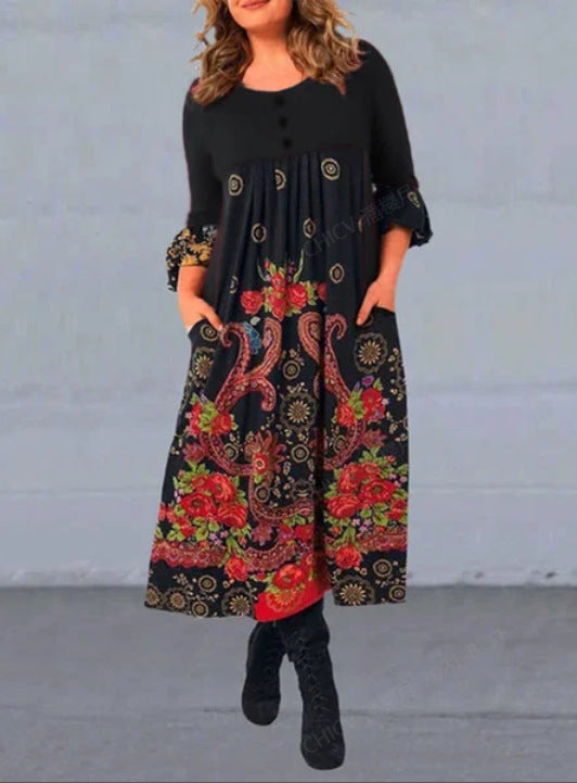【S-5XL】👗2024 nowa, jesienna i zimowa sukienka na co dzień z długimi rękawami i nadrukiem w stylu retro