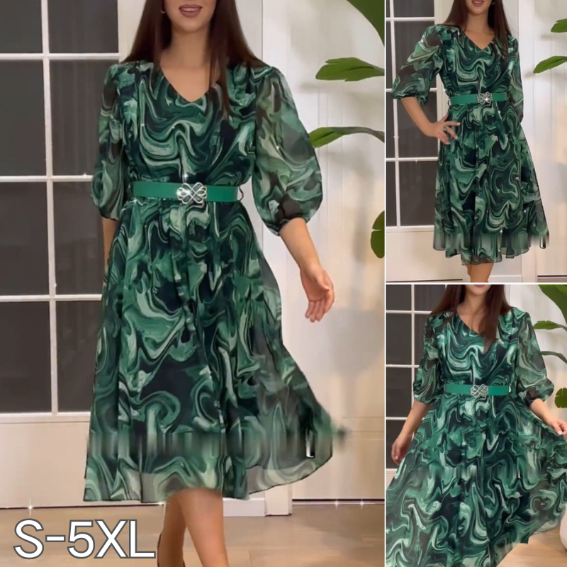 🎁👗Modna i elegancka sukienka z szyfonu z nadrukiem, pasek gratis