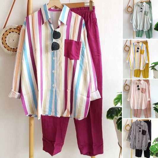 🔥🌸【S-5XL】Nowy wiosenny komplet w paski, dwuczęściowy komplet z długimi rękawami i spodniami.