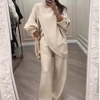 🔥  Nowość! Dwuczęściowy komplet damski – asymetryczny sweter + spodnie z szerokimi nogawkami, luźny krój, miękki materiał, superwygodny👚 Darmowa wysyłka✨