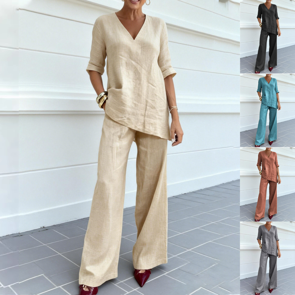 ❤️ 💥【40-100kg】2026 Bawełniano-lniany top w jednolitym kolorze z krótkimi rękawami, dekoltem w serek + proste spodnie casualowe ✅️Płatność przy odbiorze