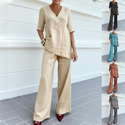 ❤️ 💥【40-100kg】2026 Bawełniano-lniany top w jednolitym kolorze z krótkimi rękawami, dekoltem w serek + proste spodnie casualowe ✅️Płatność przy odbiorze