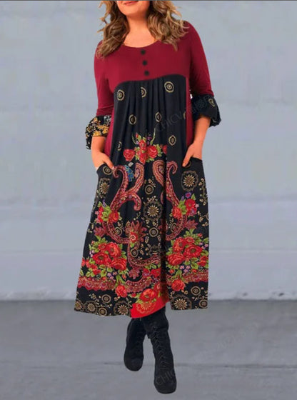【S-5XL】👗2024 nowa, jesienna i zimowa sukienka na co dzień z długimi rękawami i nadrukiem w stylu retro