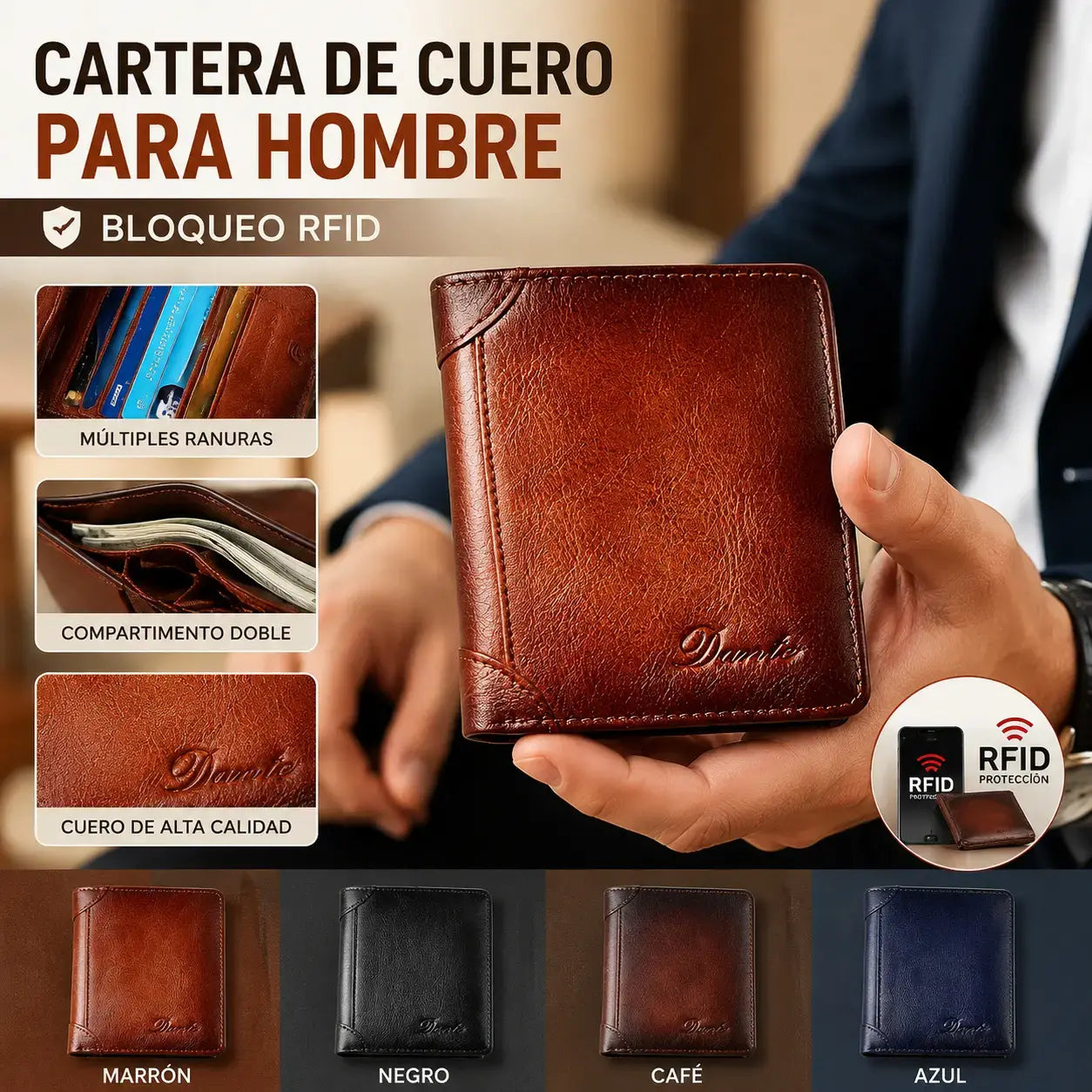 👝✨ Nueva cartera antirrobo de cuero genuino para hombre