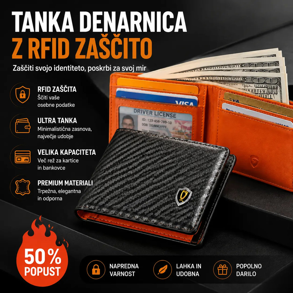 Tanka moška denarnica z RFID blokado