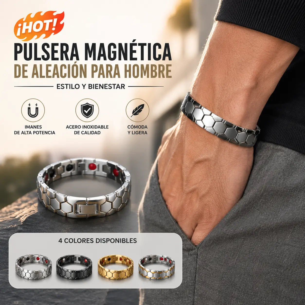 ✨ Pulsera magnética de aleación para hombre + diseño hexagonal - Pulsera magnética desmontable - Pago contra entrega