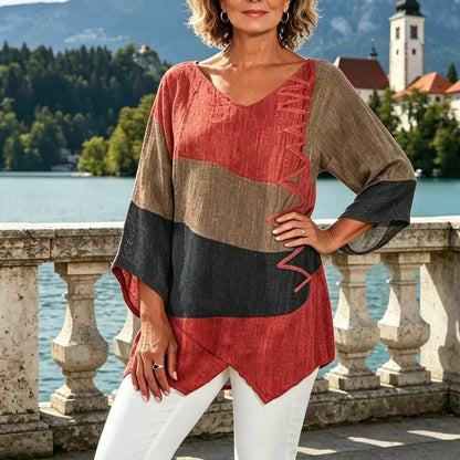 ⏳ Zadnji dan – 50% popust 😍【S~5XL】Ženski eleganten casual top: V-izrez, dolgi rokavi, umetniški vzorec