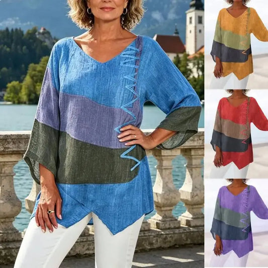 ⏳ Zadnji dan – 50% popust 😍【S~5XL】Ženski eleganten casual top: V-izrez, dolgi rokavi, umetniški vzorec