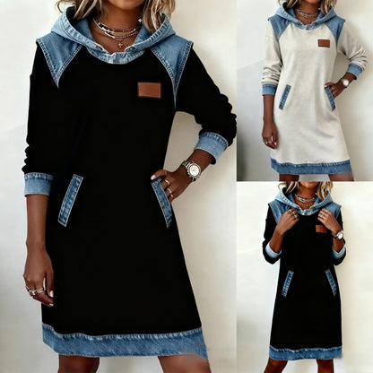 🌷🌞【S–3XL】Zimska jeans patchwork obleka s kapuco · Udobna · Modna za vsak dan