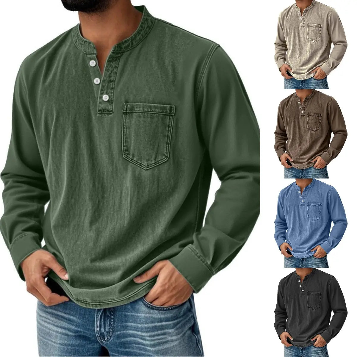👔🔥Moška jeans srajca z dolgimi rokavi in V-izrezom, z žepom