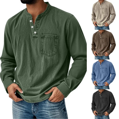 👔🔥Moška jeans srajca z dolgimi rokavi in V-izrezom, z žepom