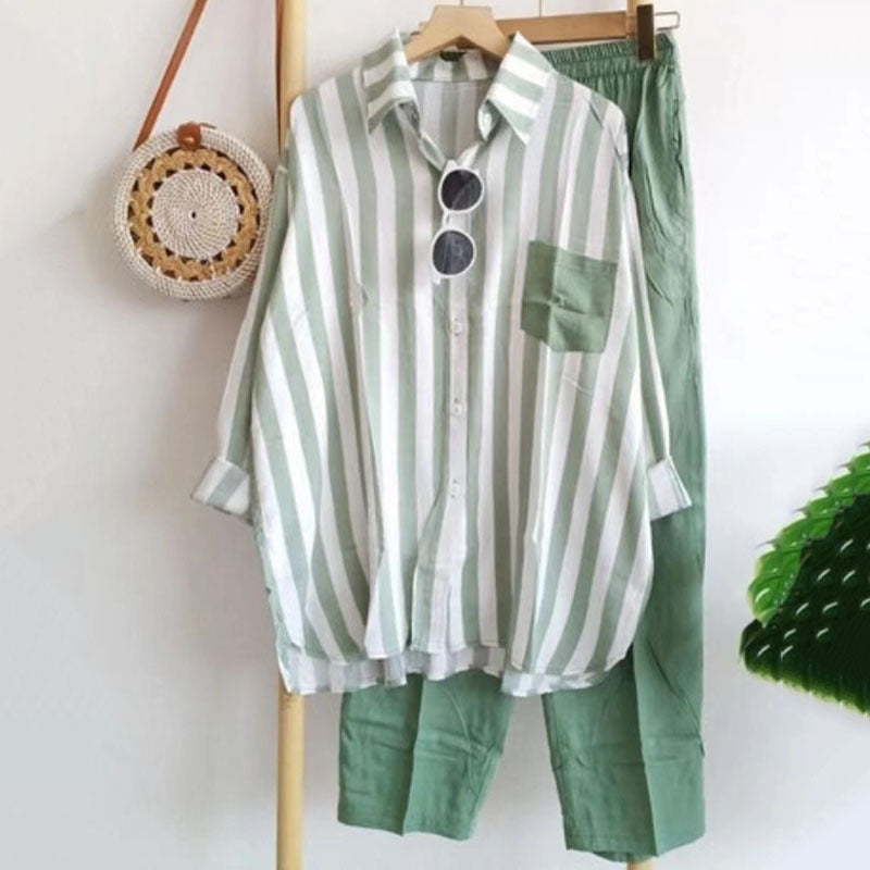 🔥🌸【S-5XL】Nowy wiosenny komplet w paski, dwuczęściowy komplet z długimi rękawami i spodniami.