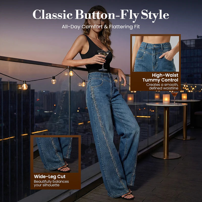 🌼【Specjalna oferta wiosenna】✨Damskie jeansy z szerokimi nogawkami i ćwiekami ze strasu