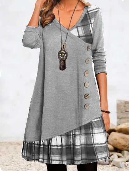 💟【Nowość na jesień i zimę】👗【S-3XL】Nowa elegancka sukienka w kratkę z dekoltem w szpic i długimi rękawami na