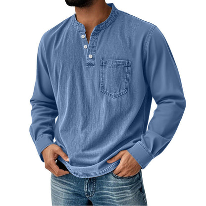 👔🔥Moška jeans srajca z dolgimi rokavi in V-izrezom, z žepom