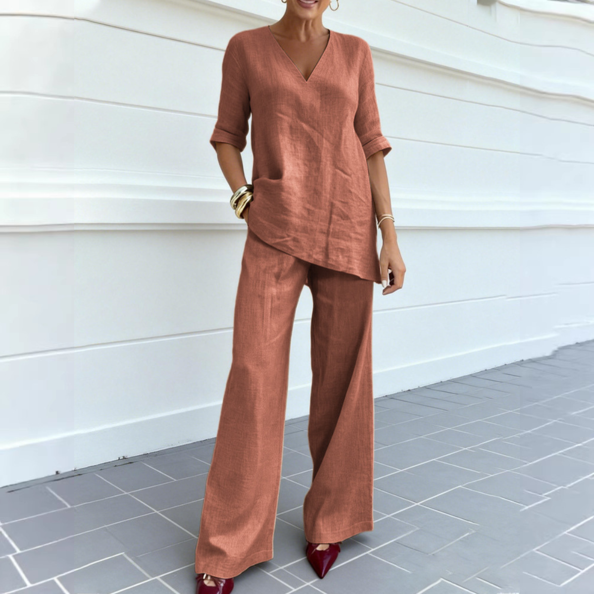 ❤️ 💥【40-100kg】2026 Bawełniano-lniany top w jednolitym kolorze z krótkimi rękawami, dekoltem w serek + proste spodnie casualowe ✅️Płatność przy odbiorze