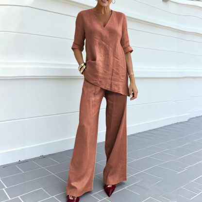 ❤️ 💥【40-100kg】2026 Bawełniano-lniany top w jednolitym kolorze z krótkimi rękawami, dekoltem w serek + proste spodnie casualowe ✅️Płatność przy odbiorze