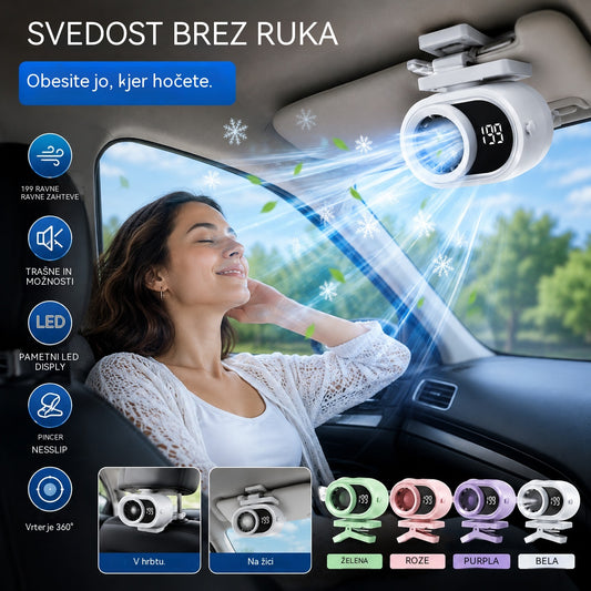 🌀 Ventilator za prostoročno uporabo z LED zaslonom, vgrajeno sponko in 199 nastavljivimi stopnjami