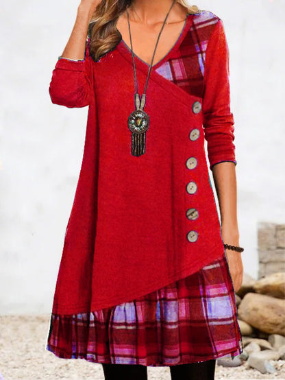 💟【Nowość na jesień i zimę】👗【S-3XL】Nowa elegancka sukienka w kratkę z dekoltem w szpic i długimi rękawami na