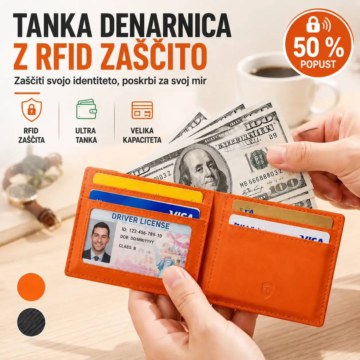 Tanka moška denarnica z RFID blokado
