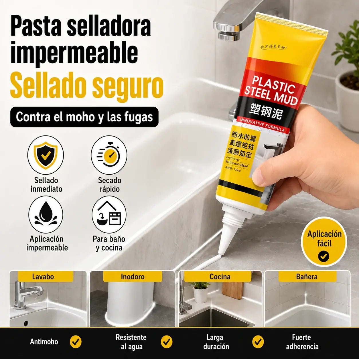 1 juego 26 euros 💧🛡️Masilla de acero plástico amarilla y negra, sellador impermeable y resistente al moho, pegamento para vidrio de baño, pegamento de secado rápido.