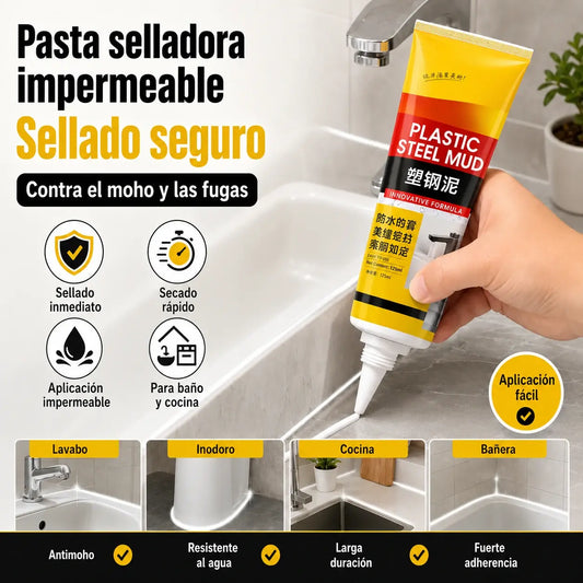 1 juego 26 euros 💧🛡️Masilla de acero plástico amarilla y negra, sellador impermeable y resistente al moho, pegamento para vidrio de baño, pegamento de secado rápido.