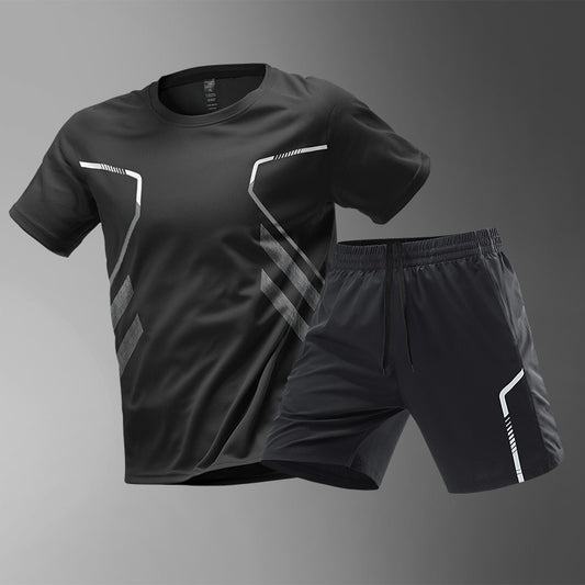 【M-5XL】 Moški dvodelni športni komplet oblačil iz hitro sušeče tkanine "ledena svila" – udoben top s kratkimi rokavi in kratke hlače