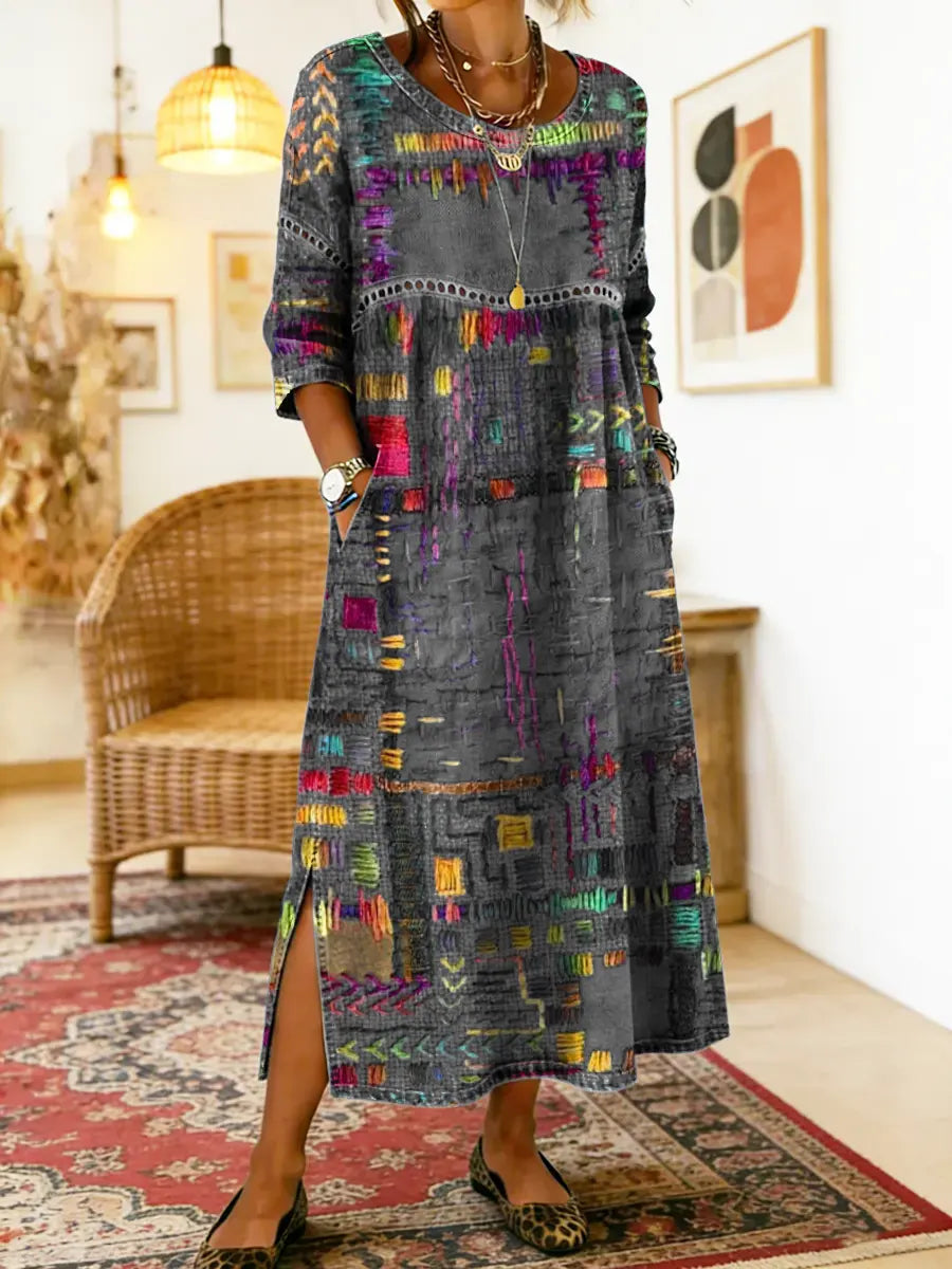✨ Zadnji dan 50% popusta!【S-5XL】Poletna retro obleka z okroglim izrezom in potiskom, lahka in zračna, oprijeta in enostavna za kombiniranje.
