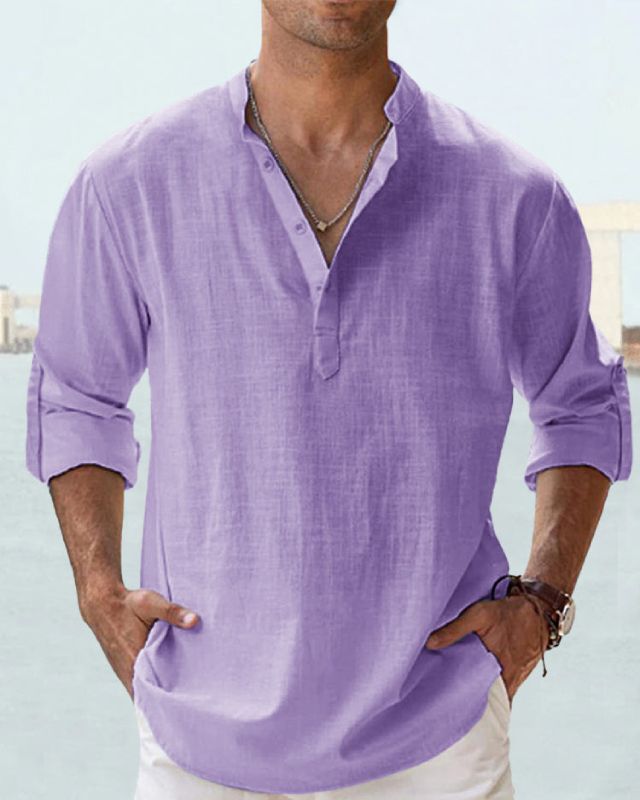 【S-5XL】Moška enobarvna srajca z dolgimi rokavi iz bombažnega perila za prosti čas