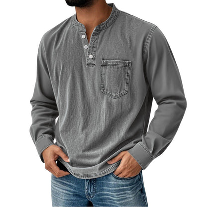 👔🔥Moška jeans srajca z dolgimi rokavi in V-izrezom, z žepom
