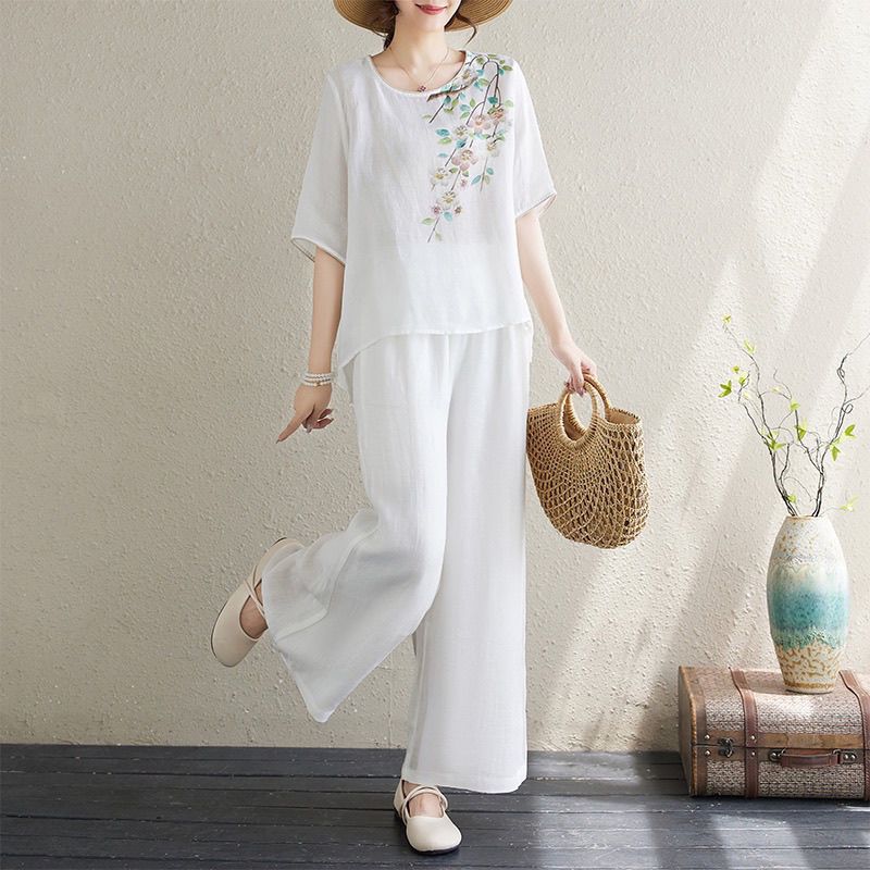 ✨👚【S–4XL】Damski zestaw dwuczęściowy w stylu casual z bawełny i lnu — Top z kołnierzykiem we wzory + Spodnie z szerokimi nogawkami