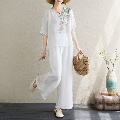 ✨👚【S–4XL】Damski zestaw dwuczęściowy w stylu casual z bawełny i lnu — Top z kołnierzykiem we wzory + Spodnie z szerokimi nogawkami