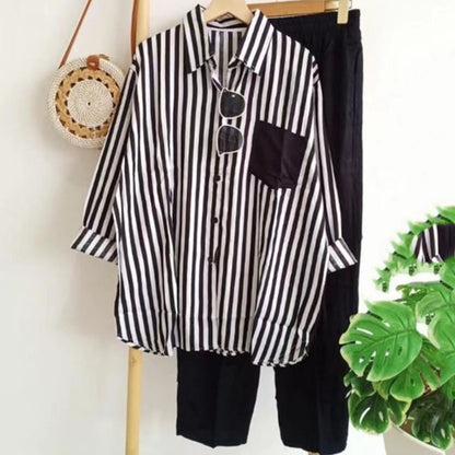 🔥🌸【S-5XL】Nowy wiosenny komplet w paski, dwuczęściowy komplet z długimi rękawami i spodniami.