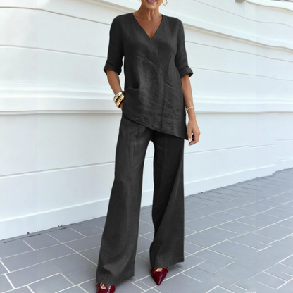 ❤️ 💥【40-100kg】2026 Bawełniano-lniany top w jednolitym kolorze z krótkimi rękawami, dekoltem w serek + proste spodnie casualowe ✅️Płatność przy odbiorze