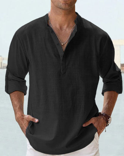 【S-5XL】Moška enobarvna srajca z dolgimi rokavi iz bombažnega perila za prosti čas