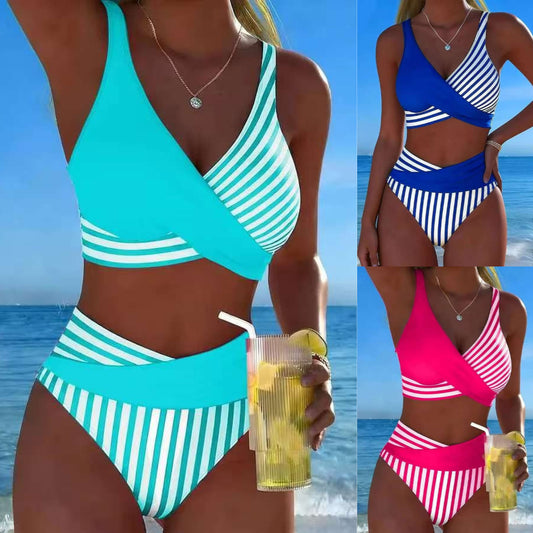 【40–100 kg】Dvodelni bikini z barvitimi bloki in črtami