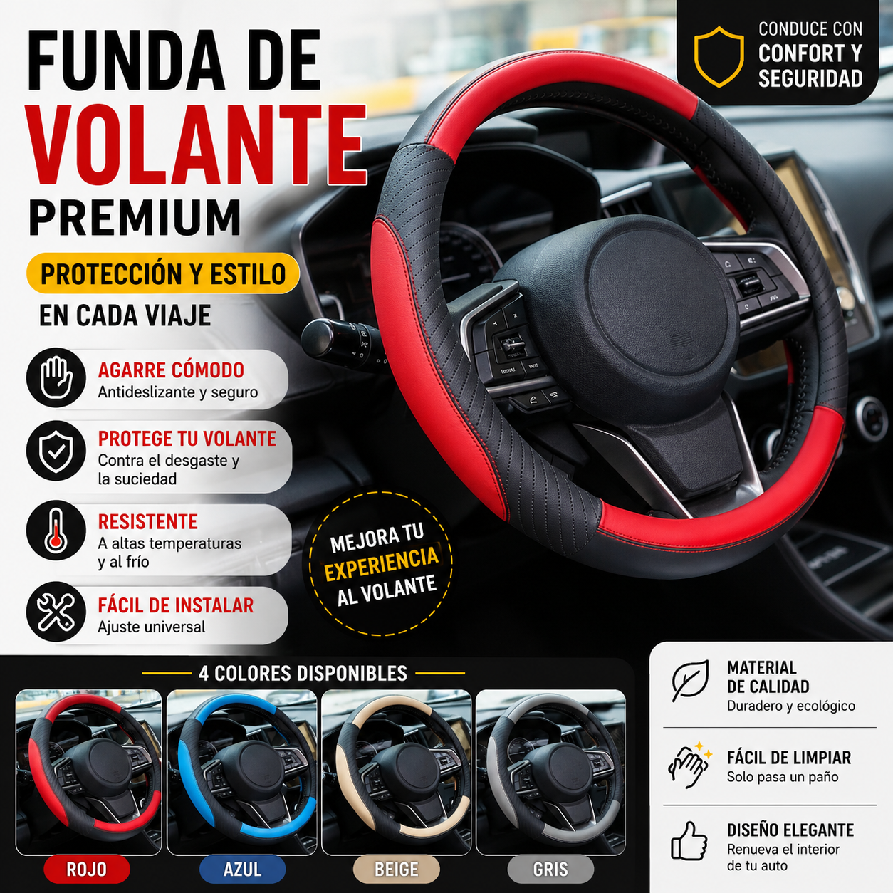 🔥Funda de volante de cuero genuino - Funda universal para volante de coche, antideslizante, duradera