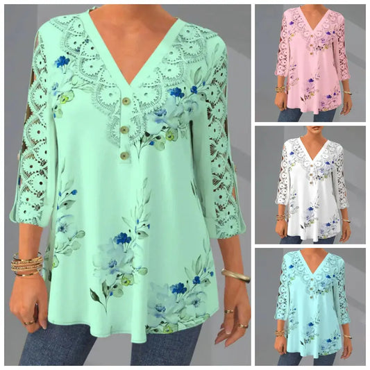 🔥【M–5XL】Elegantna bluza iz čipke in šifona – izrez, 3/4 rokavi in V-izrez