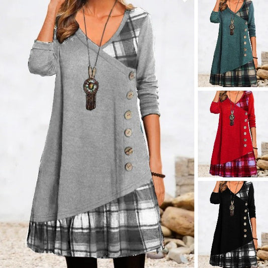 💟【Nowość na jesień i zimę】👗【S-3XL】Nowa elegancka sukienka w kratkę z dekoltem w szpic i długimi rękawami na