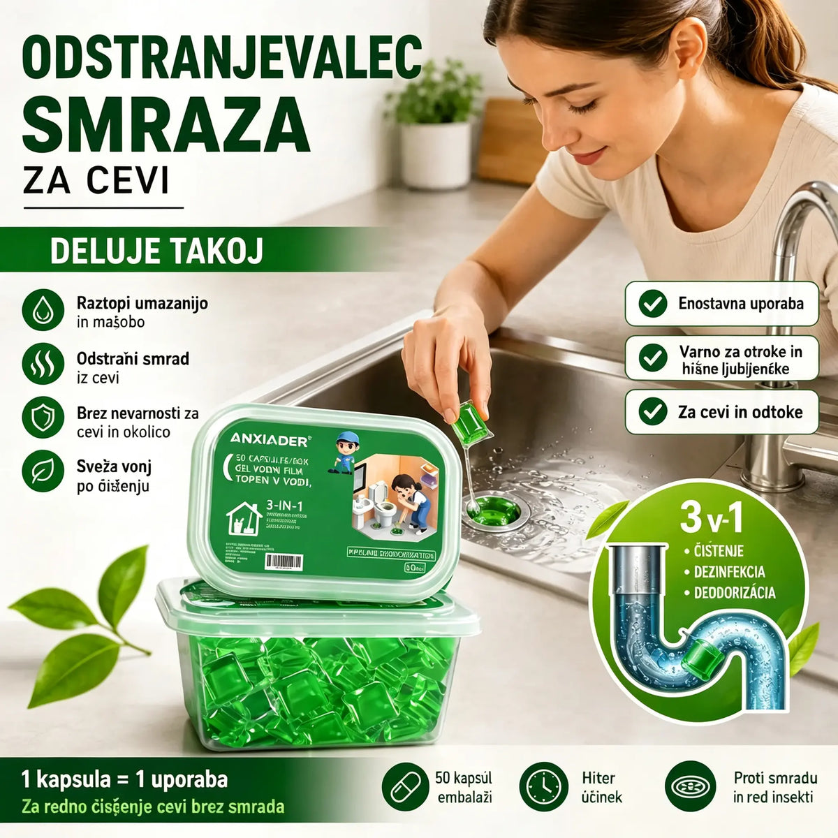 2 pakiranji (100 tablet) za 25 €. V vodi topne kapsule za odpravljanje neprijetnih vonjav iz odtokov – popolna rešitev za preprečevanje širjenja vonjav v kopalnicah in kuhinjah.