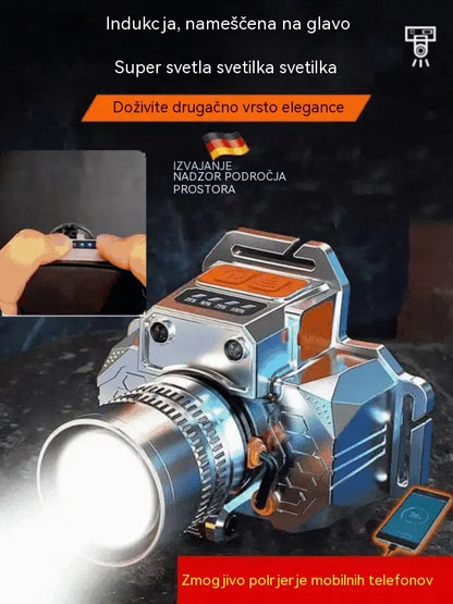 Ultra svetla LED-naglavna svetilka z dolgim dosegom: nastavljiv zoom, polnjenje prek USB-ja in možnost polnjenja telefona.